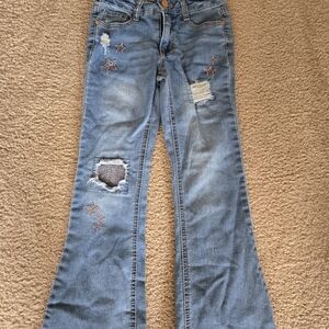 Stylish Blue Distressed Girls Flare Jeans